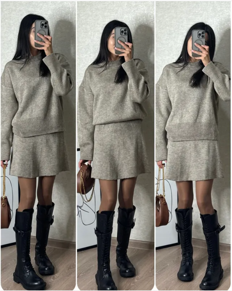Casual College-Style Knit Skirt Set for Women