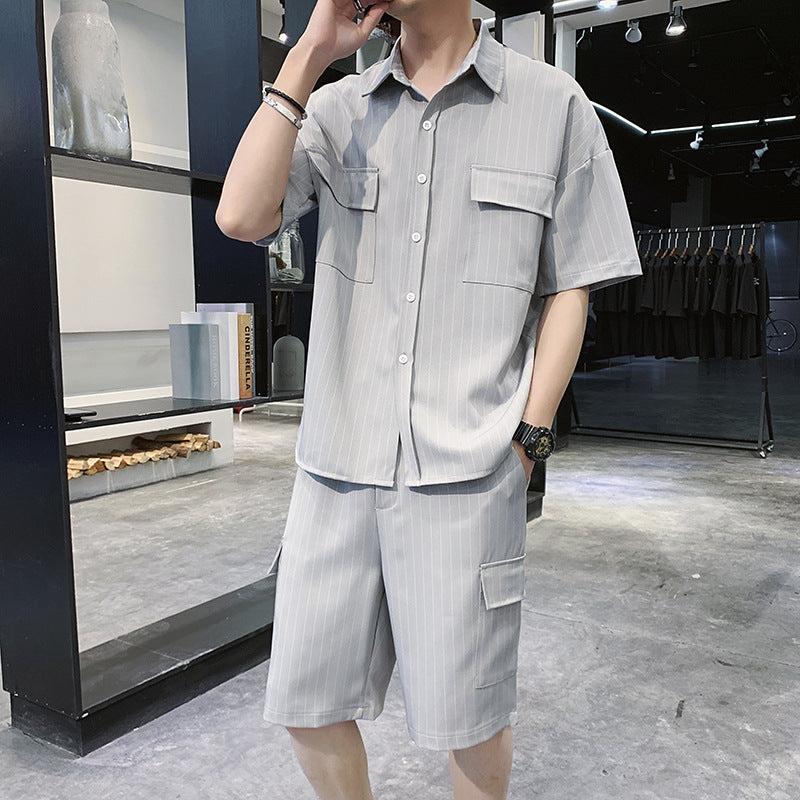 Men's Fashion Striped Shirt and Jacket Shorts Set