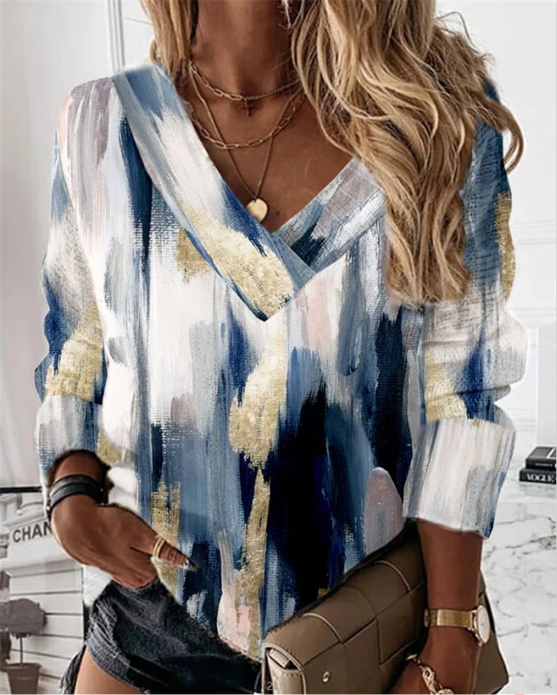 Women's Loose Floral V-neck Long Sleeve Sweater