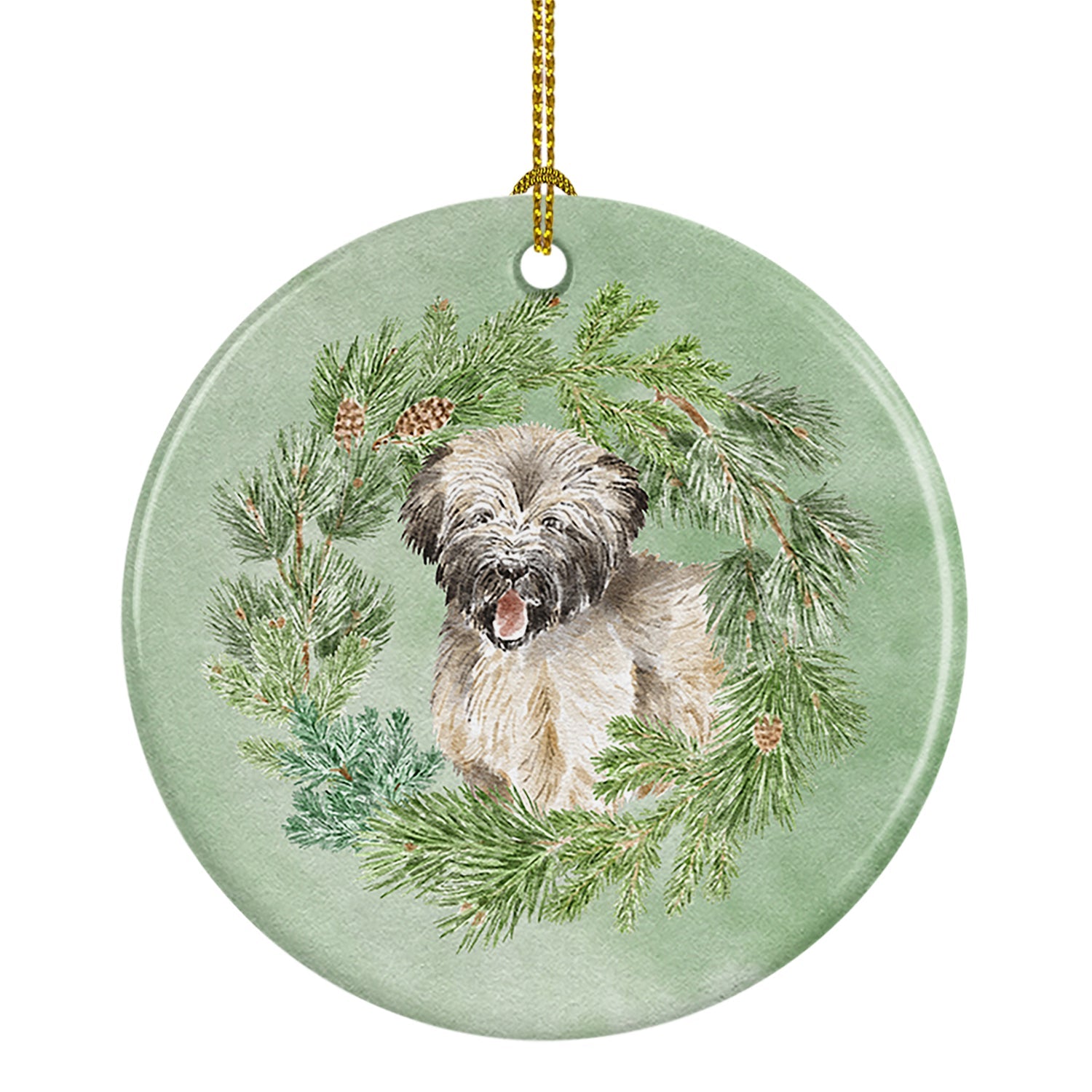 Briard Puppy Smiling Christmas Wreath Ceramic Ornament