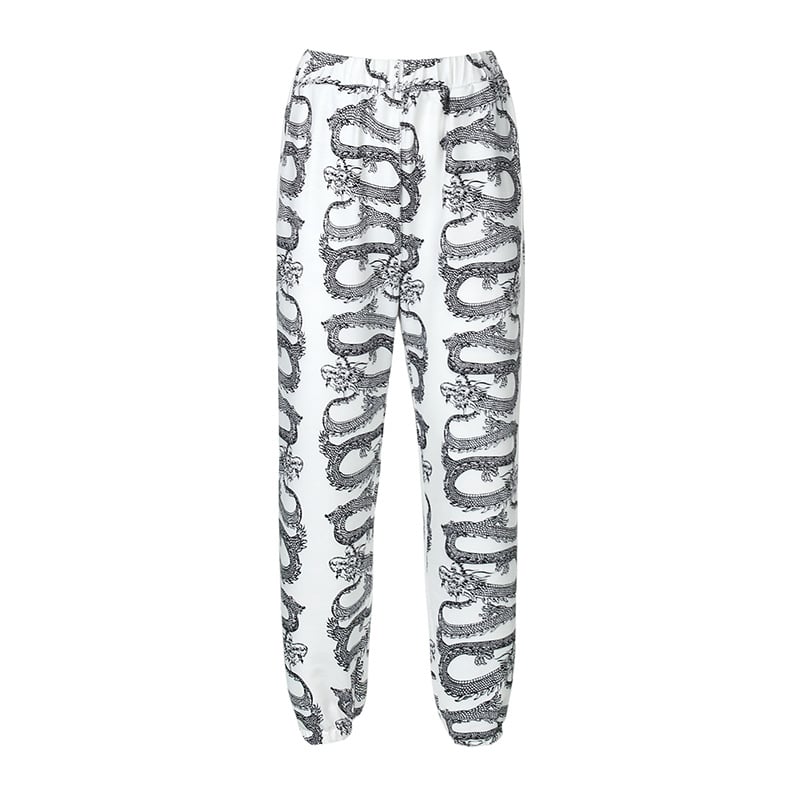 High-Waist Tunic with Dragon Print Sweatshirt Trousers | Streetwear