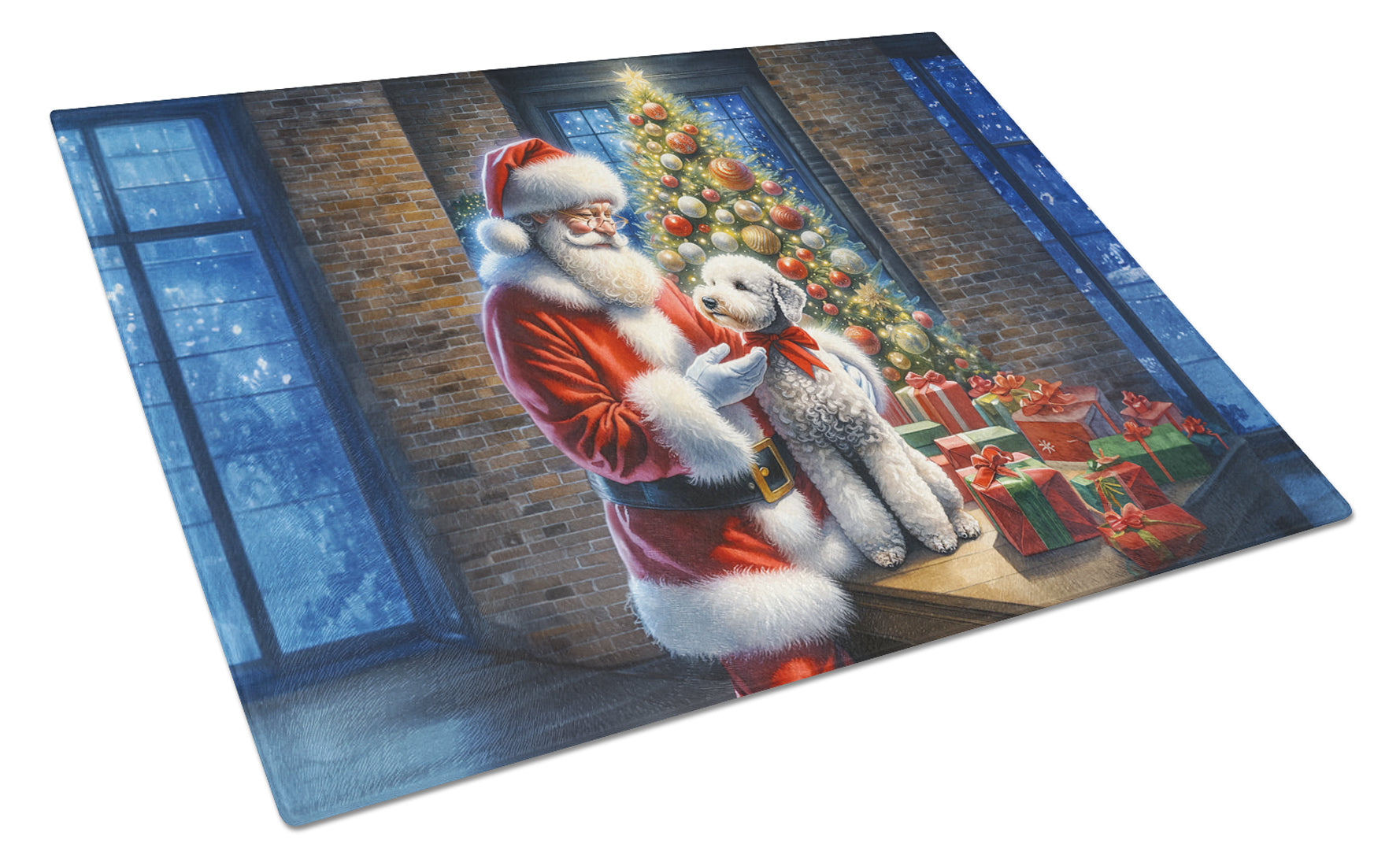 Bedlington Terrier and Santa Claus Glass Cutting Board