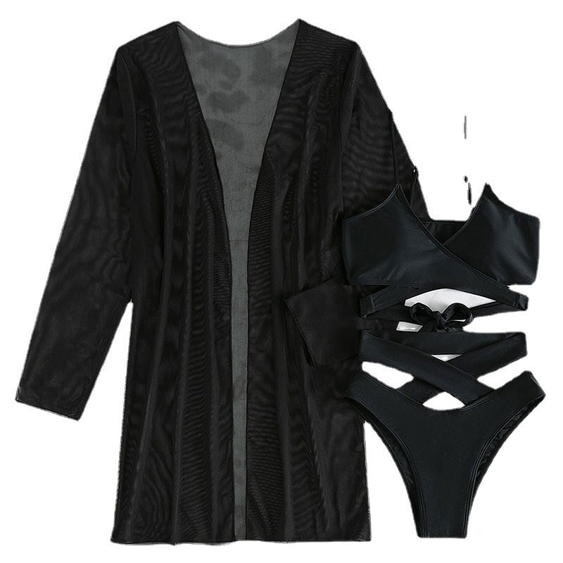 3pcs Women's High Waist Swimsuit with Mesh Shawl Set