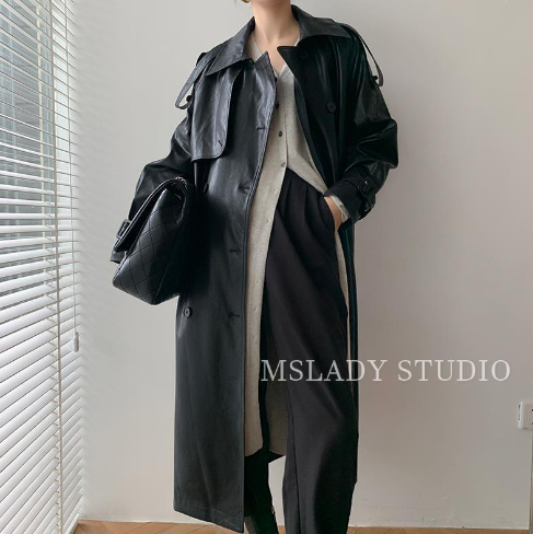 WOLFF Women's Trench Coat - Long Loose Fit Leather Jacket (One Piece)