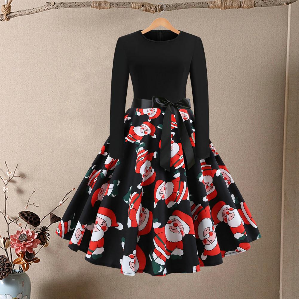 A-line Long Sleeve Christmas Dress with Santa Print