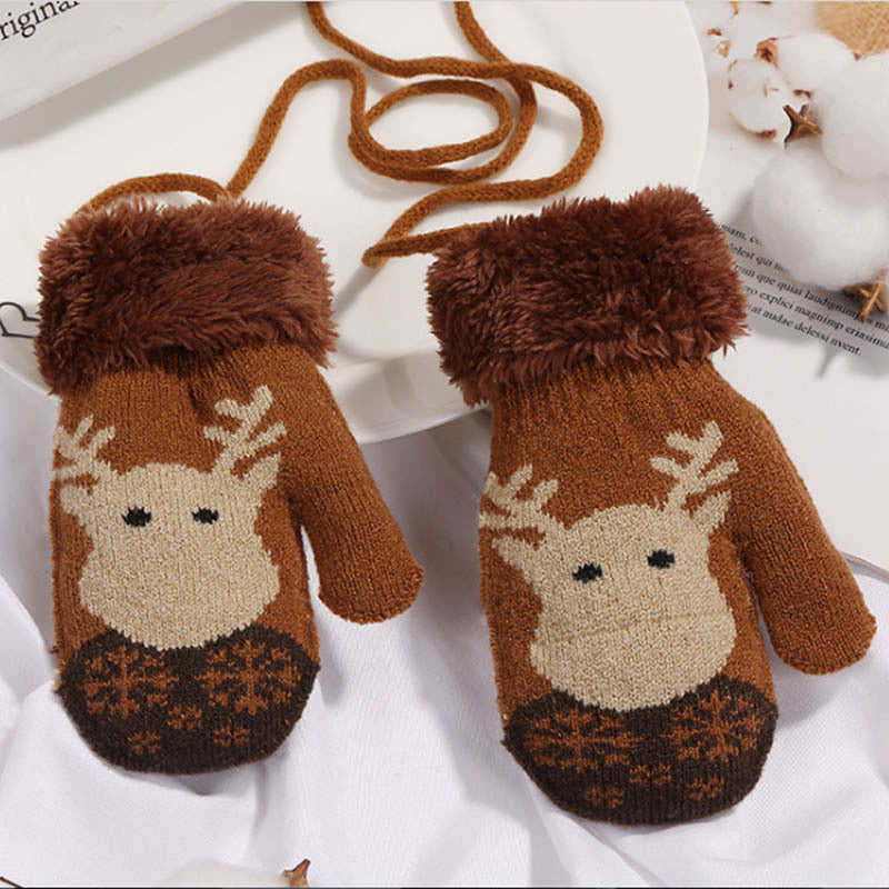 Children's Winter Christmas Cartoon Gloves with Rope
