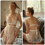 Lace Trim Sleepwear with Sheer Back Tie Nightgown