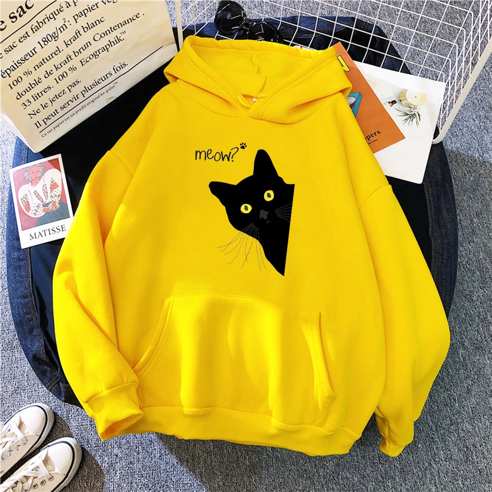 Plus Size Personalized Black Cat Hoodie Fleece Coat