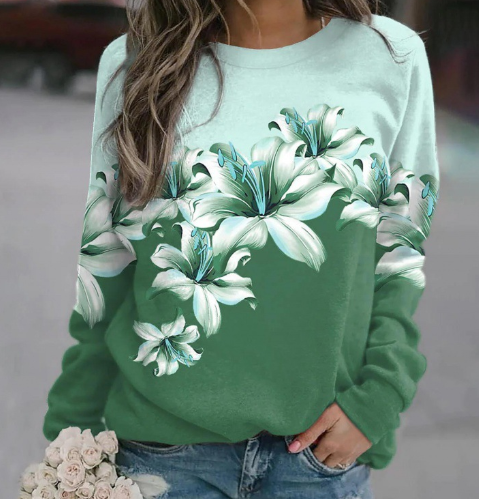 Women's Printed Round Neck Long Sleeve Pullover | Streetwear
