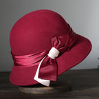 Japanese Black Retro Wool Warm Bucket Hat | Embroidered Cap