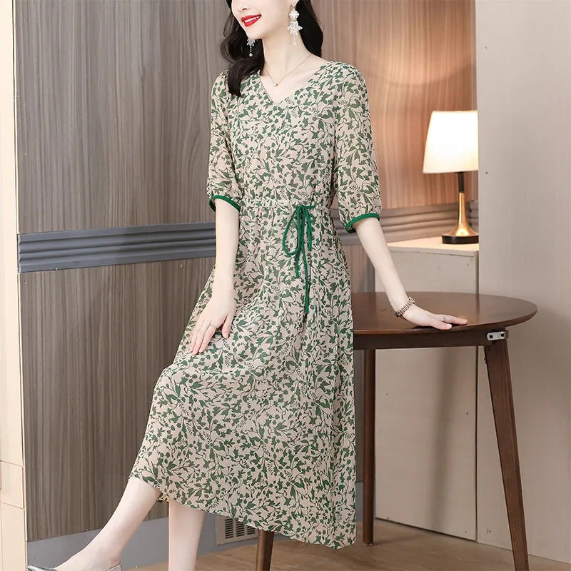 2022 Summer Silk Dress with Tie Waist and Slim Fit