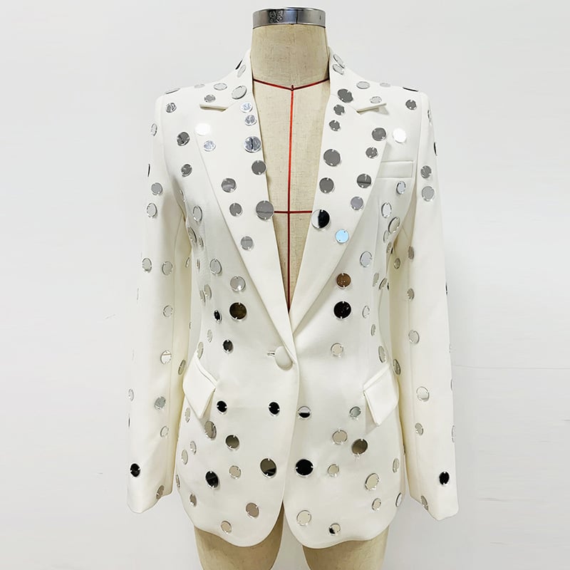 Beaded Round Mirror One Button Suit Jacket Coat