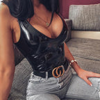 Women's Sleeveless V-Neck PU Shiny Bodysuit Top