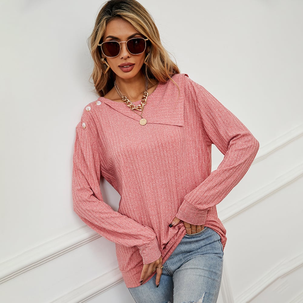 Women's Round Neck Pullover Sweater with Fastener Decor | Streetwear