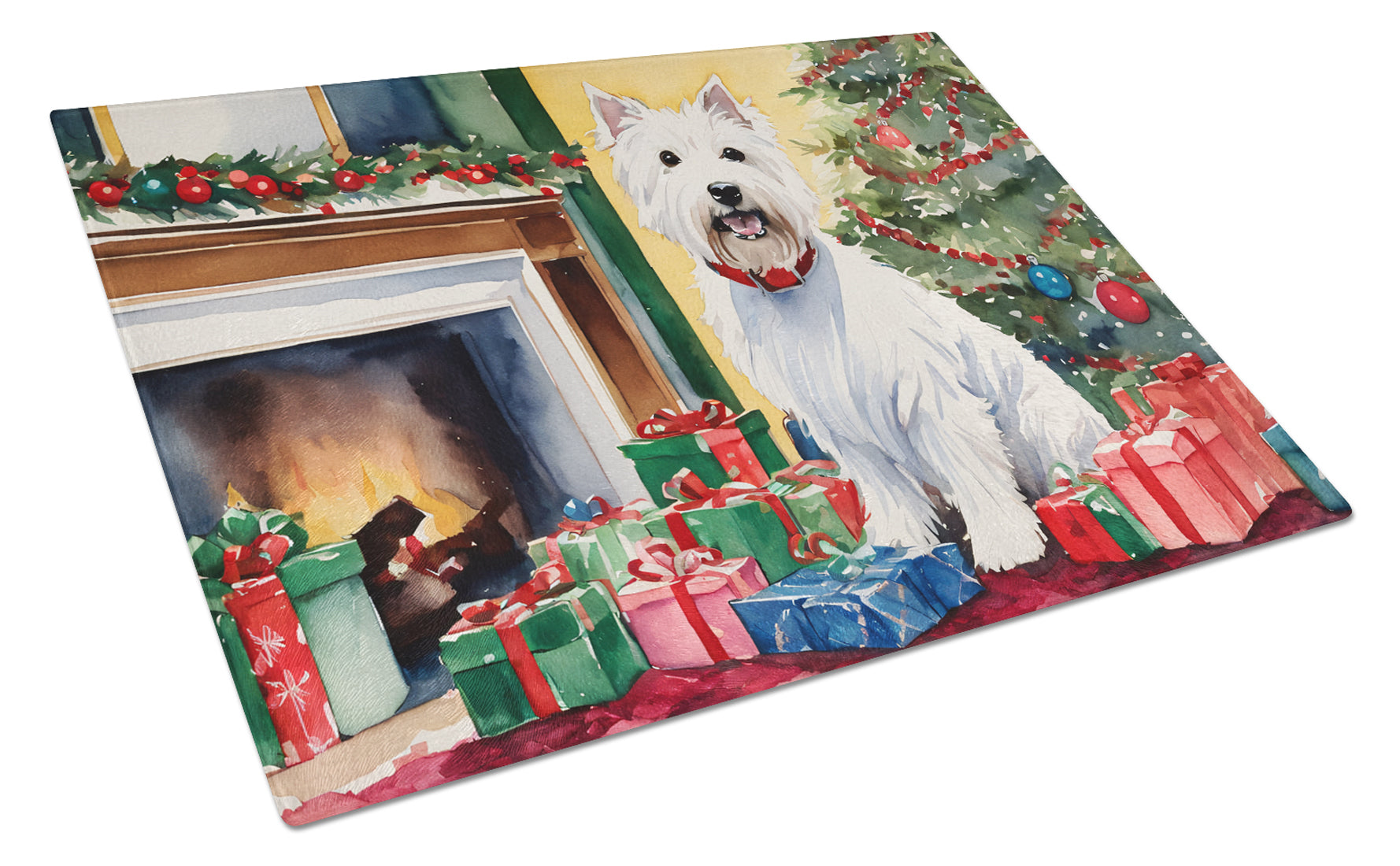 Westie Cozy Christmas Glass Cutting Board