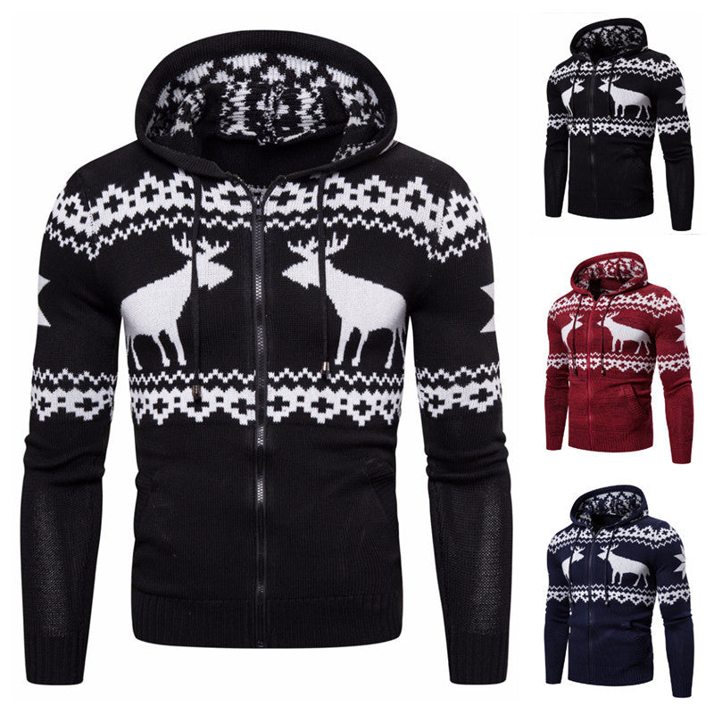 Men's Christmas Reindeer Knit Zipper Hoodie Sweater | Streetwear