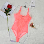 Pink Lace Hollow Out Bodysuit with Slim Fit Design