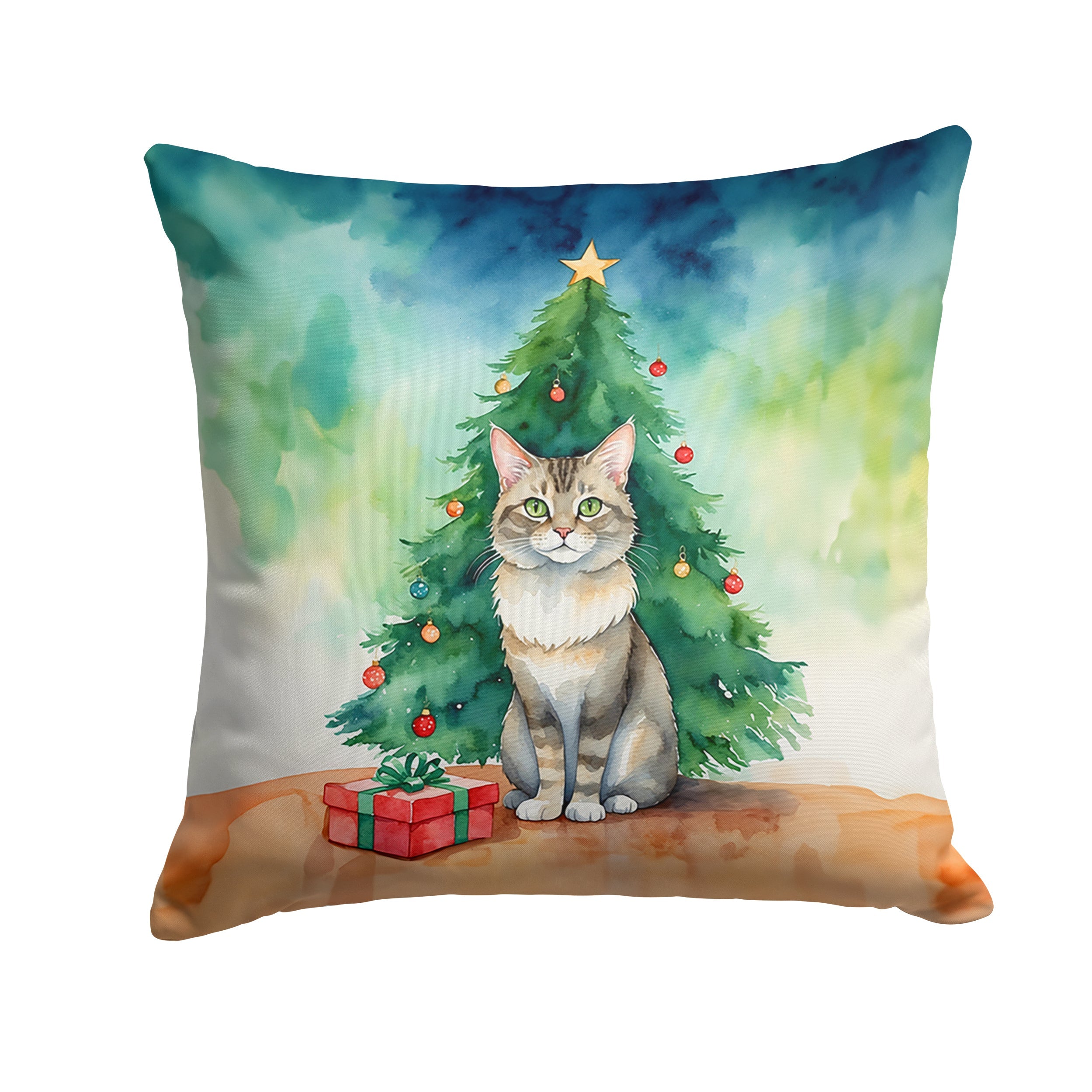 Dwelf Cat By the Christmas Tree Throw Pillow
