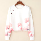 Round Neck Long-Sleeve Sweater with Floral Bird Print