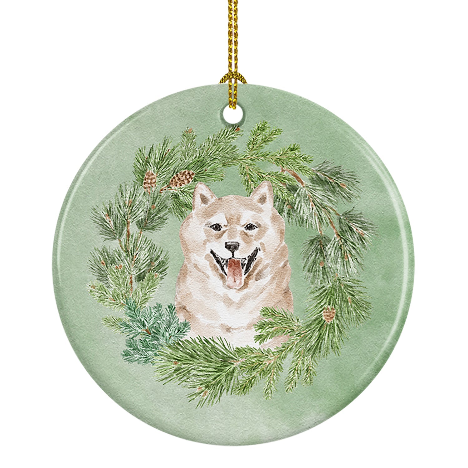 Shiba Inu Cream Christmas Wreath Ceramic Ornament