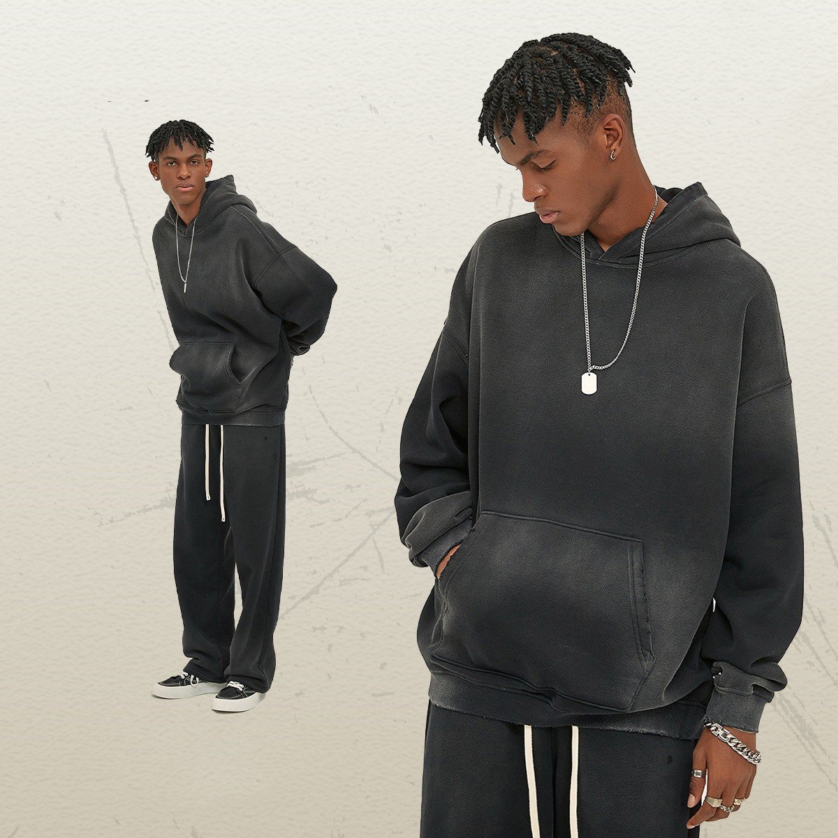 Thick Distressed Hooded Sweater with Fur 350g