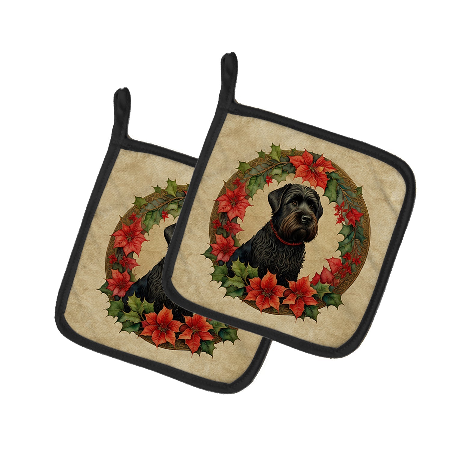 Black Russian Terrier Christmas Flowers Pair of Pot Holders