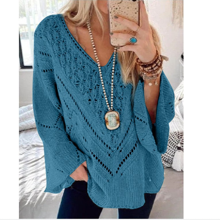 Solid Color Cutout V-Neck Flared Sleeve Sweater