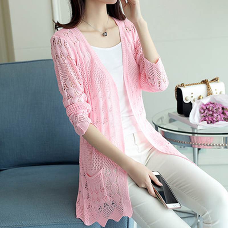 Mid-Length Hollow Knit Sun Protection Cardigan Shawl
