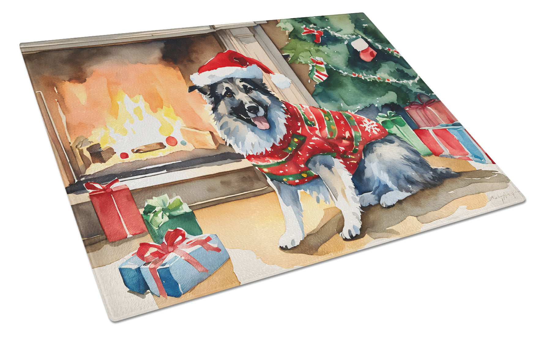 Norwegian Elkhound Cozy Christmas Glass Cutting Board