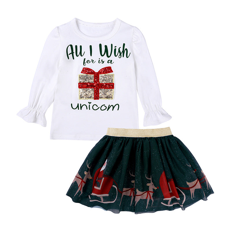 Girls' Christmas Outfit Set with Long Sleeve T-Shirt & Tulle Skirt