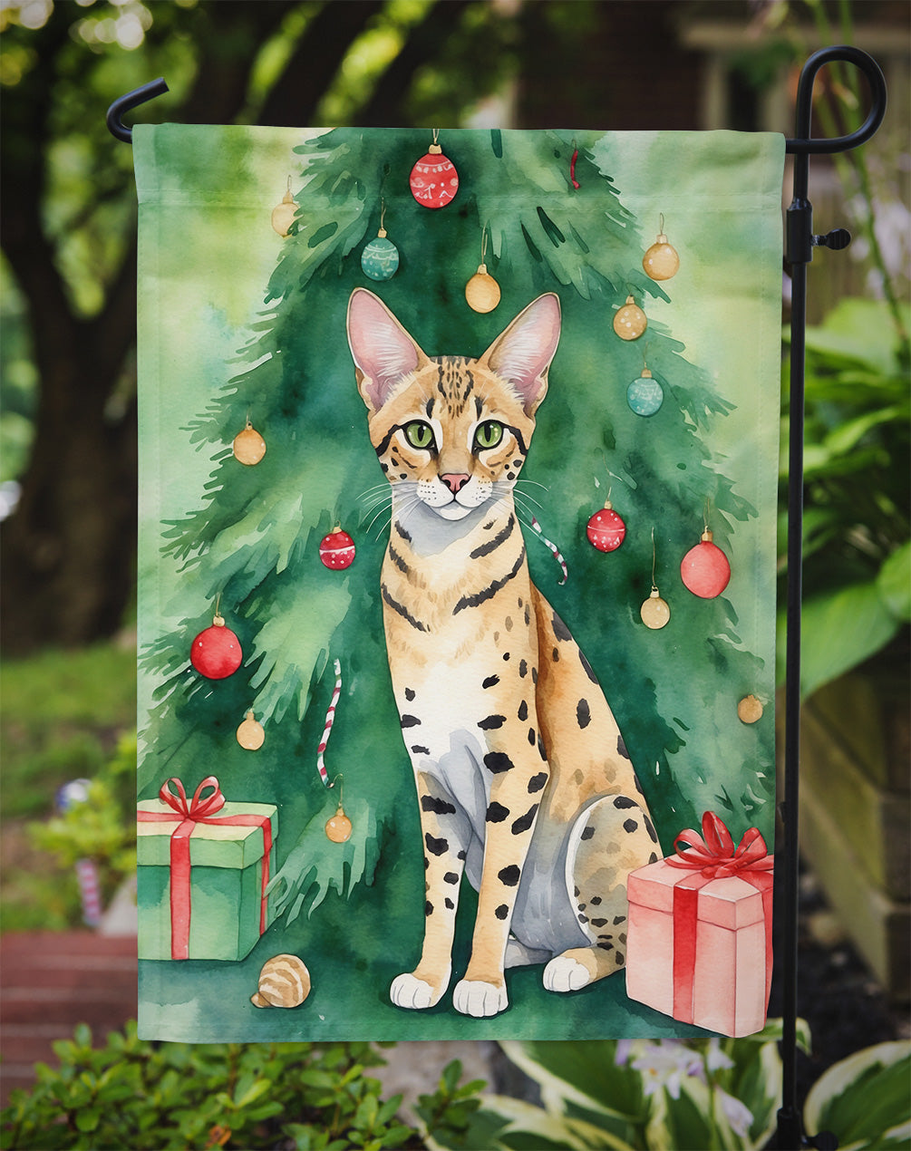 Savannah Cat By the Christmas Tree Garden Flag