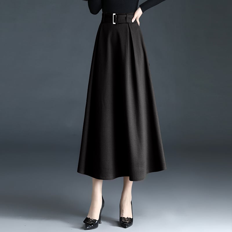Women's A-line Pleated Long Wool Skirt