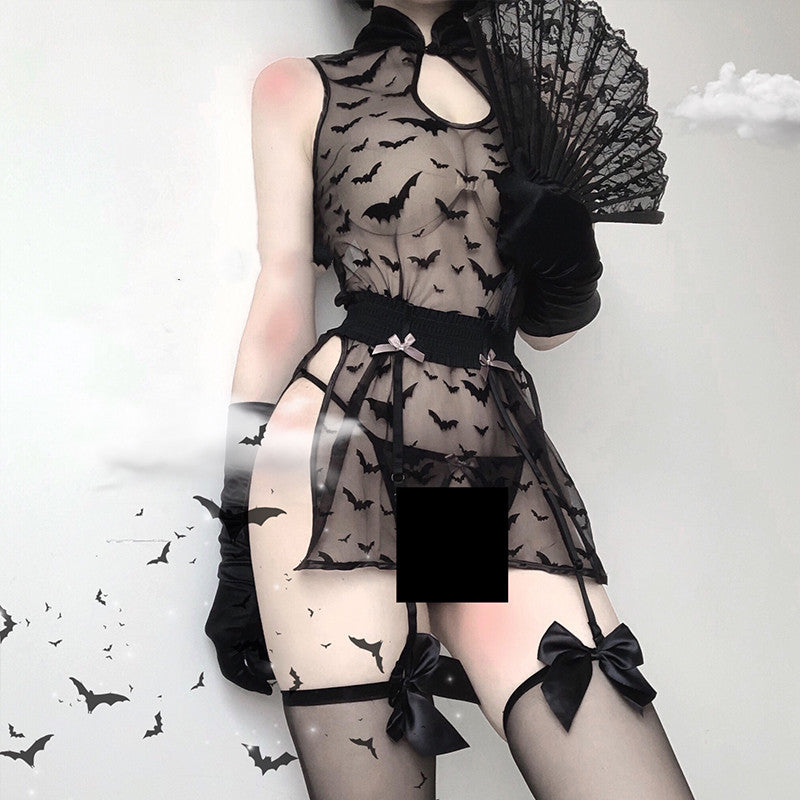 Dark Bat-Themed Lingerie with Stockings Set 9248