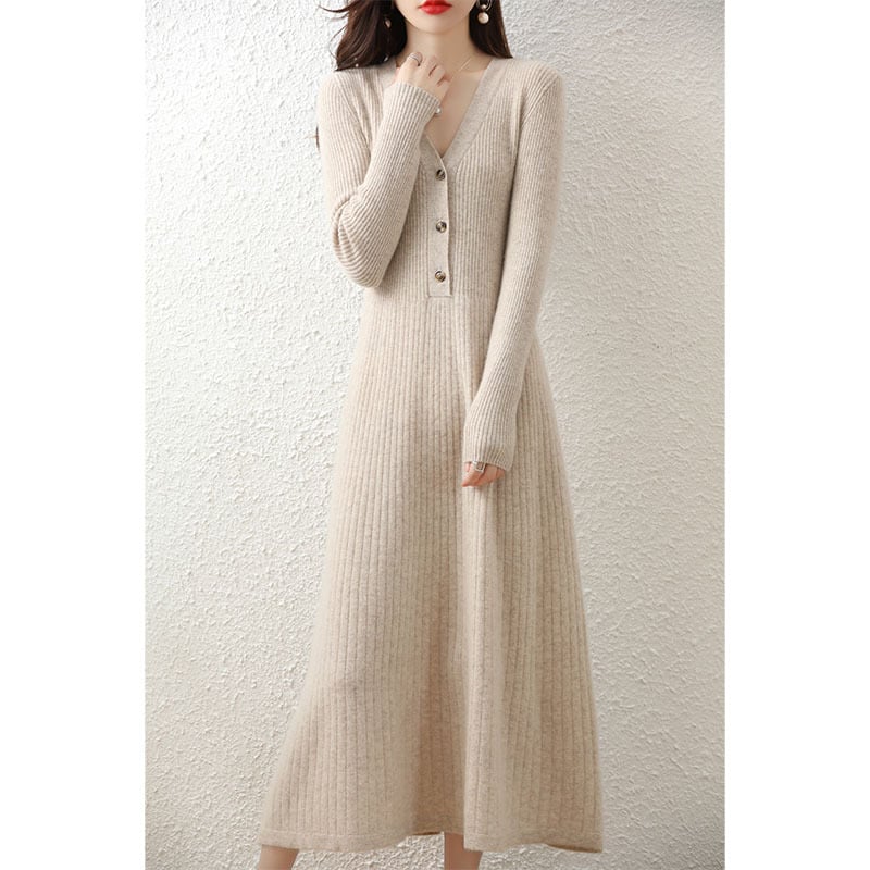 Elegant Women's V-neck Wool Knitted Dress