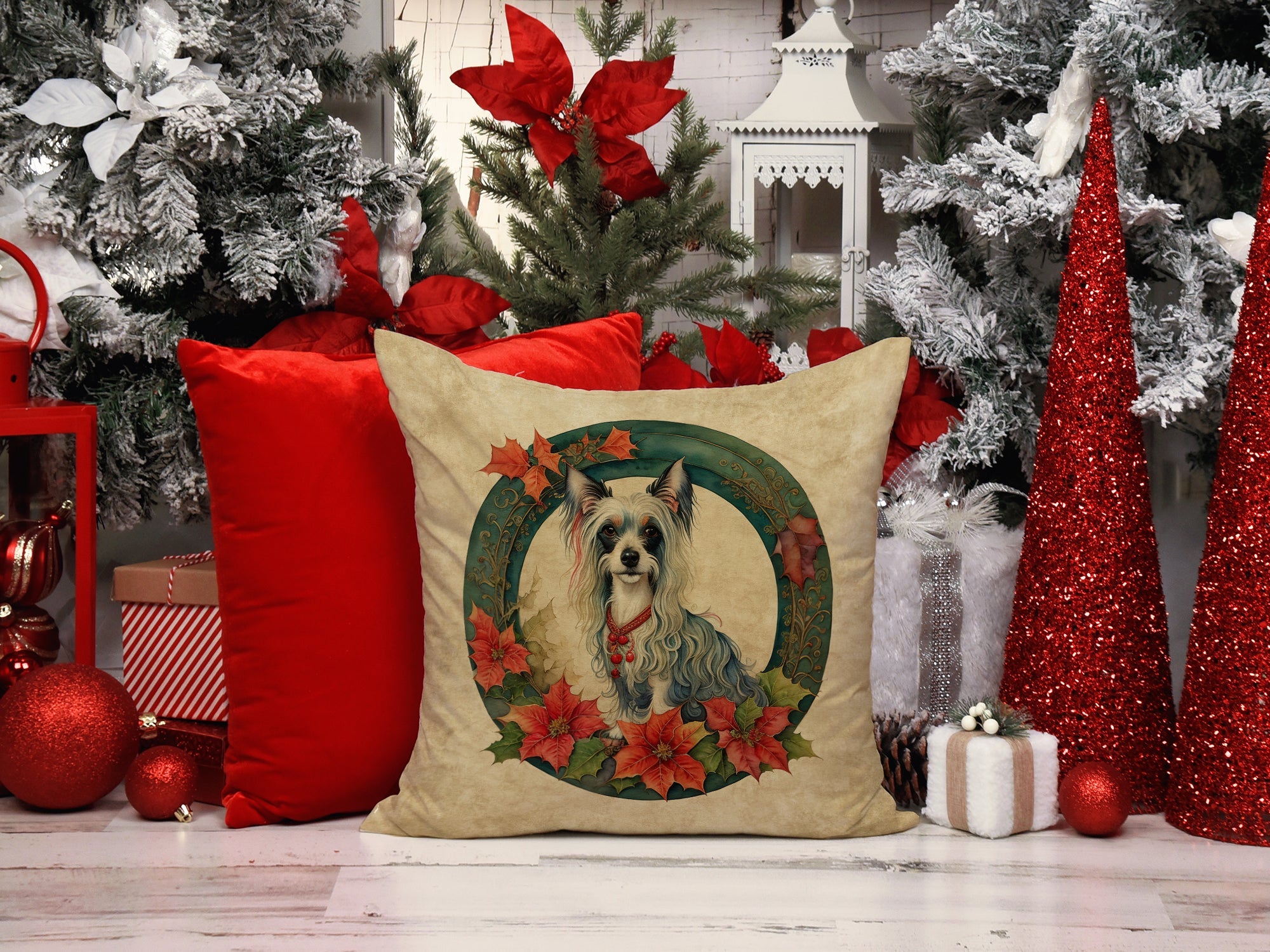 Chinese Crested Christmas Flowers Throw Pillow