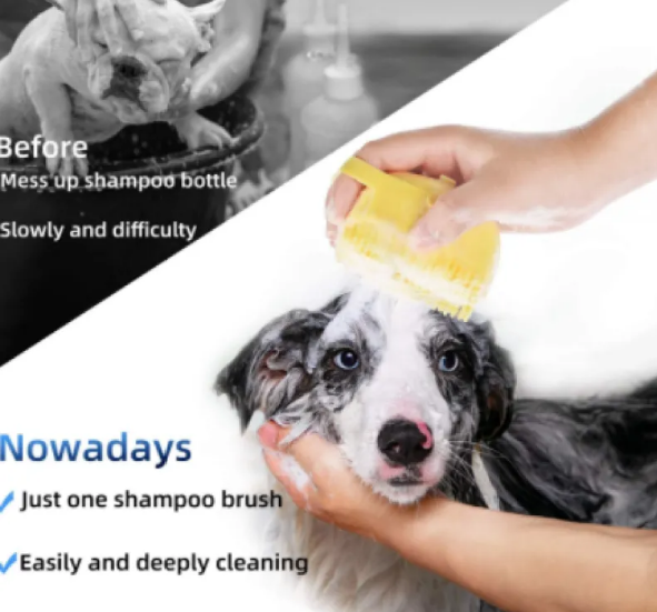 Silicone Pet Bath Brush with Soap Dispenser, Soft Massage Grooming Scrubber for Dogs and Cats, Shedding Shampoo Comb with Finger Strap
