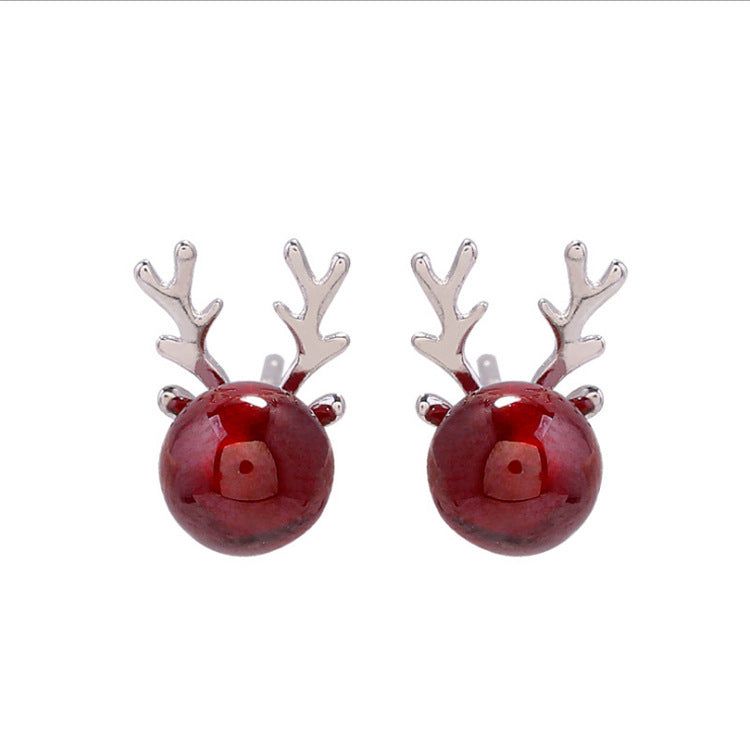 Fresh Style Deer, Garnet Christmas Earrings