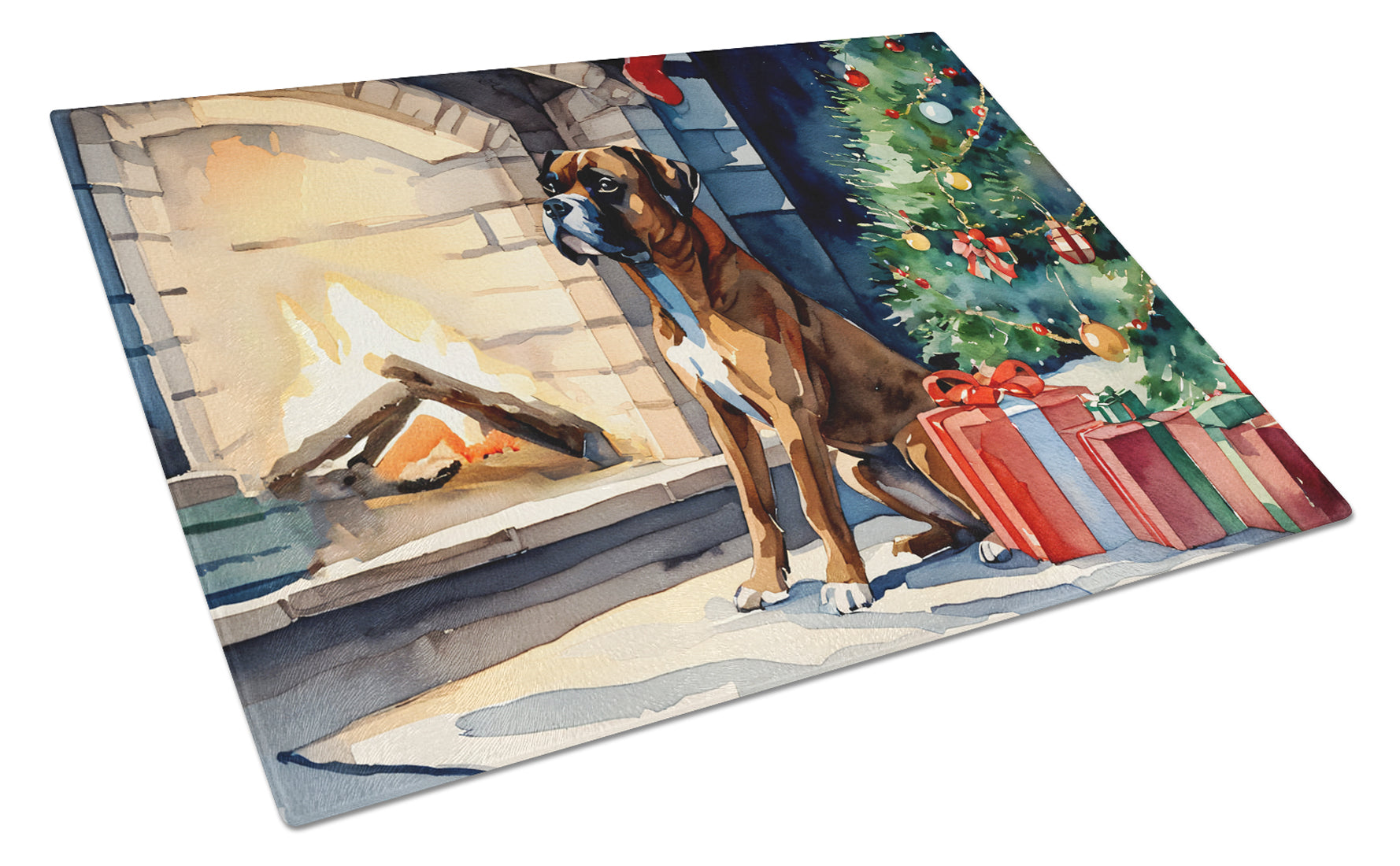 Boxer Cozy Christmas Glass Cutting Board
