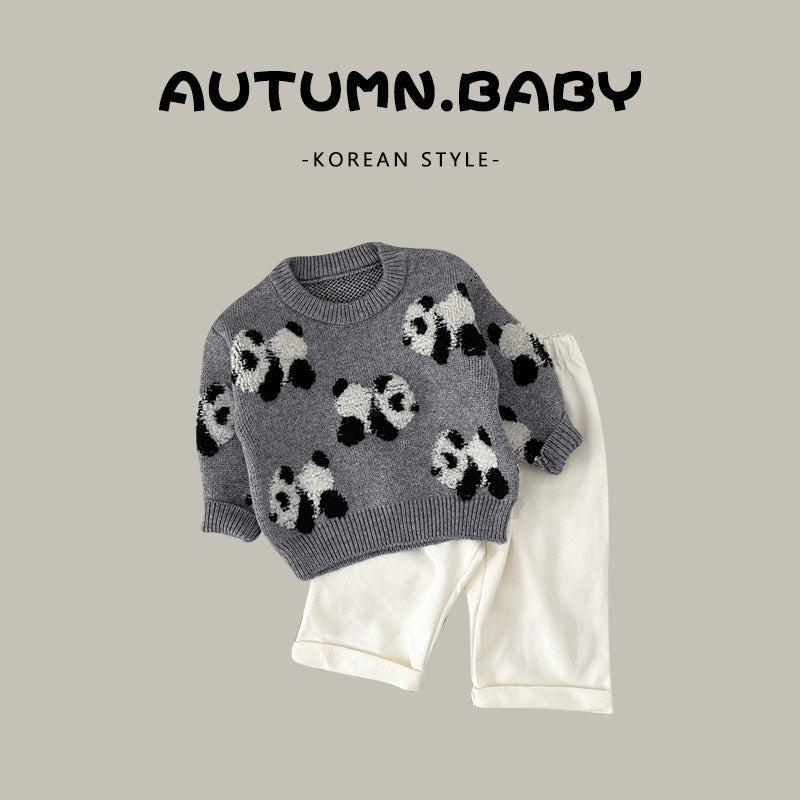 Children's Panda Embroidered Knit Round Neck Sweater