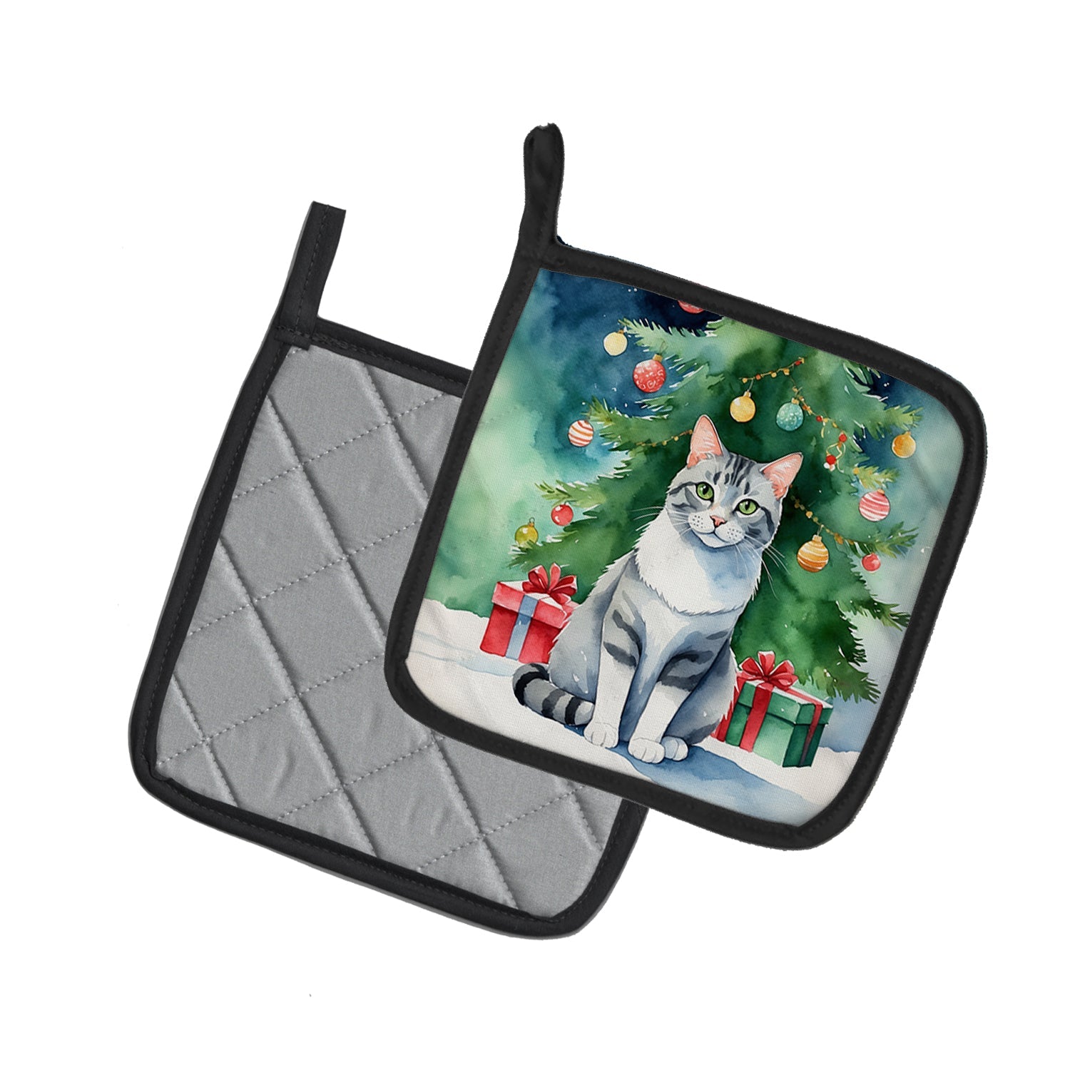 Aegean Cat By the Christmas Tree Pair of Pot Holders