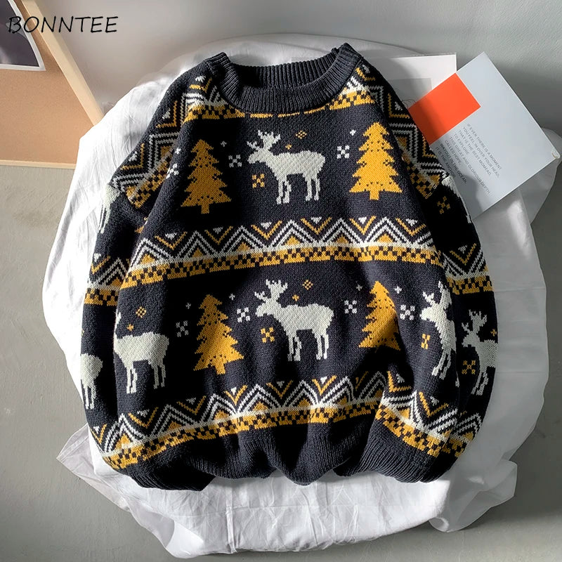 Korean Style Deer Print Thermal Sweater for Men
