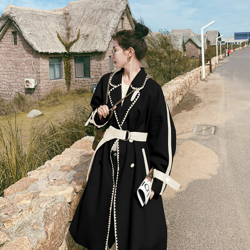 Women's Black Long Trench Coat Fashion Jacket