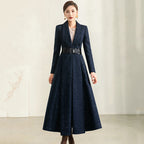 Women's Autumn Winter Blue Plaid Wool Coat with Collar
