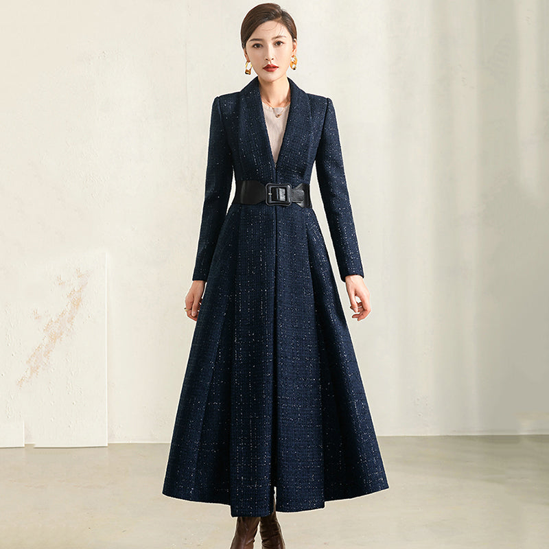 Women's Autumn Winter Blue Plaid Wool Coat with Collar