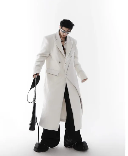 White Padded Shoulder Woolen Trench Coat