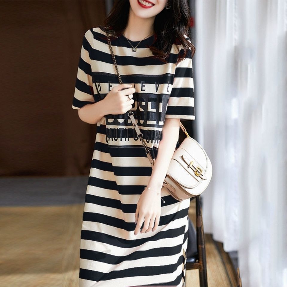 Summer Striped Print T-Shirt Dress with Short Sleeves | Streetwear