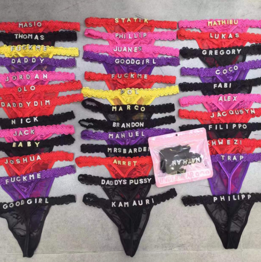 Transparent Lace Heart Thong with Rhinestone Letters