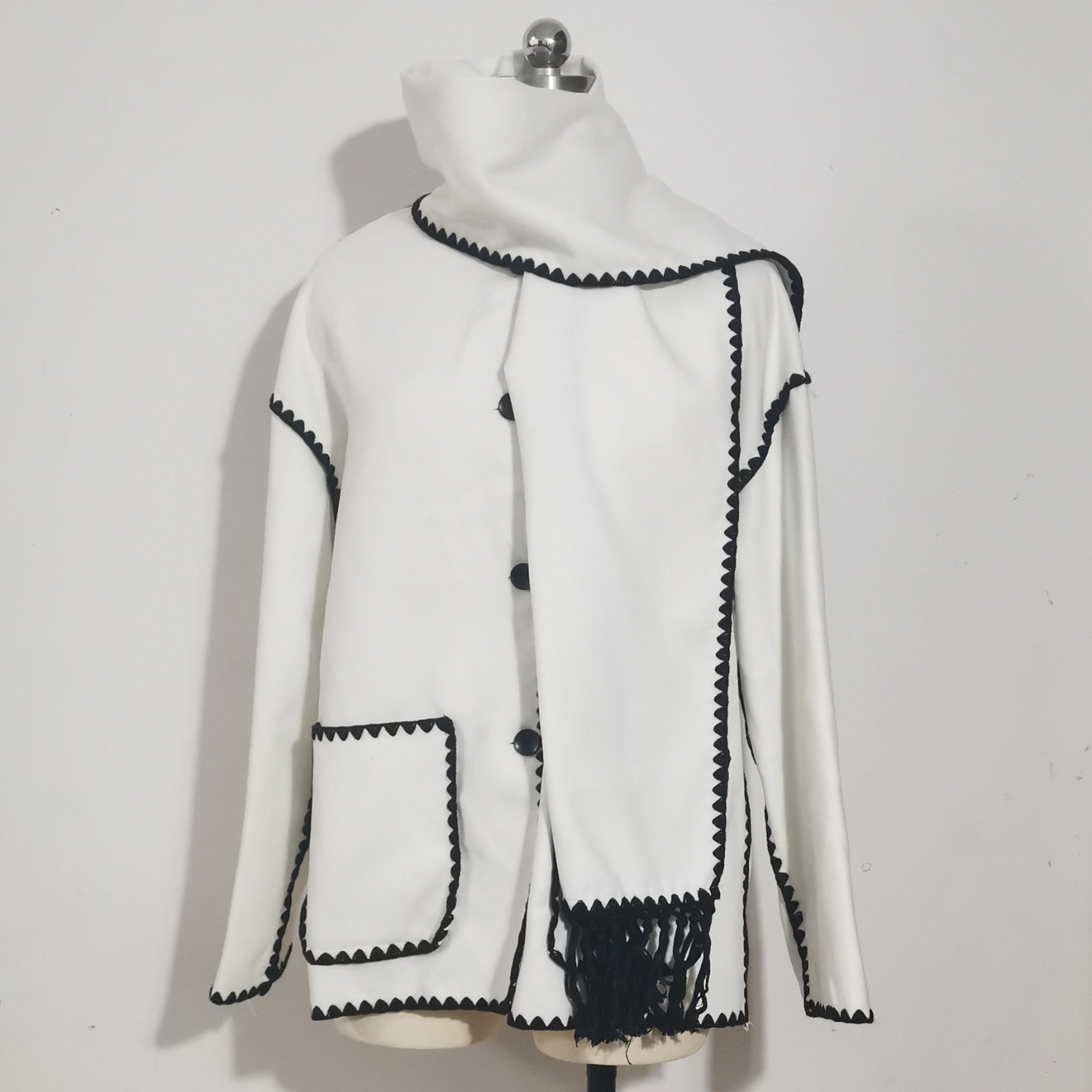 Woolen Long Sleeve Jacket with Scarf - Loose Fit