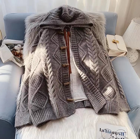 Horn Button Hooded Twist Sweater Jacket