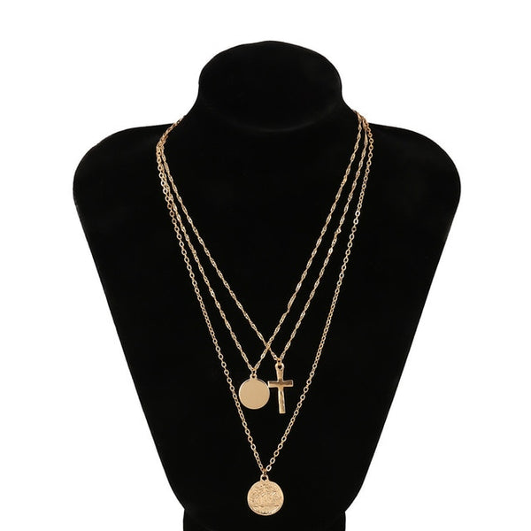 Layered Cross and Coin Pendant Necklace for Women
